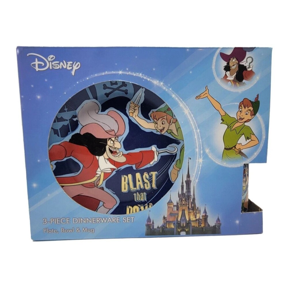 NEW RARE Disney Peter Pan 3-Piece Ceramic Dinnerware Set CAPTAIN HOOK